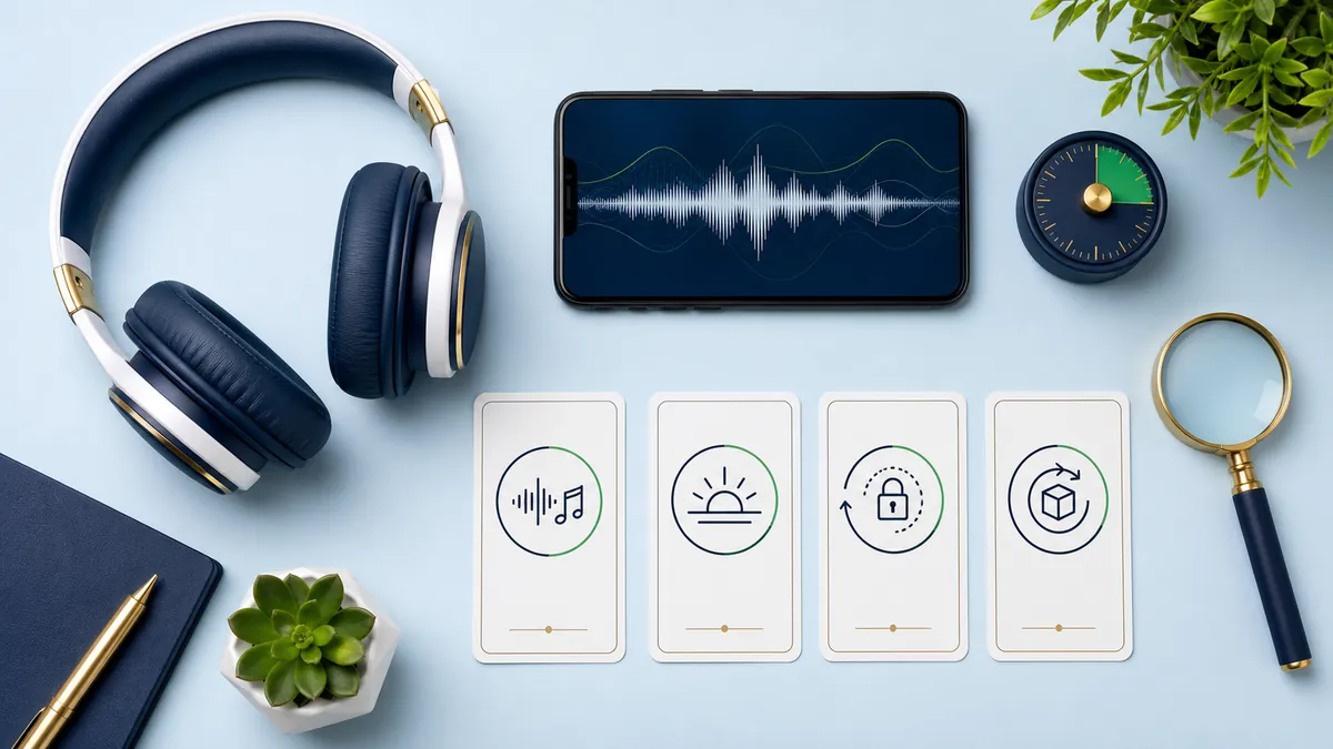 Headphones, timer, phone and decision cards arranged for a digital-audio purchase check