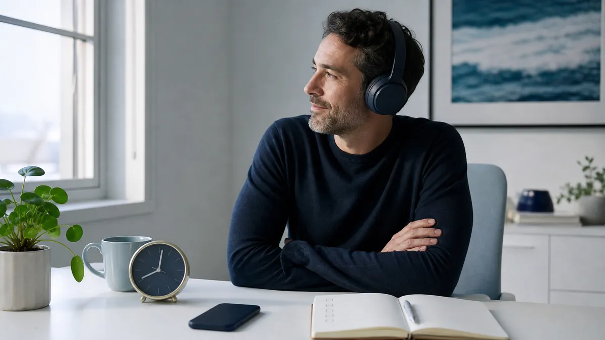 Adult using headphones beside a clock and notebook during a grounded morning listening routine