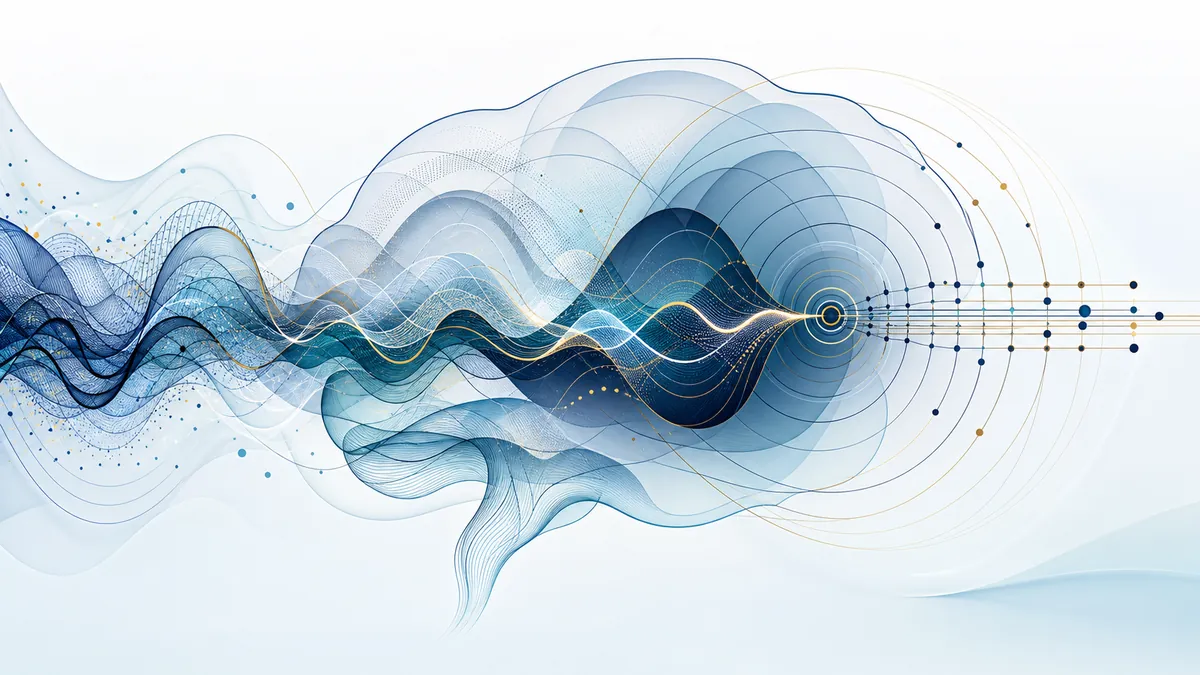 Conceptual blue and gold sound waves moving through an abstract brain-shaped silhouette